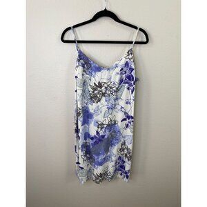 Caribbean Joe Womens Slip Dress White/Blue Floral Spaghetti Straps PL Rayon